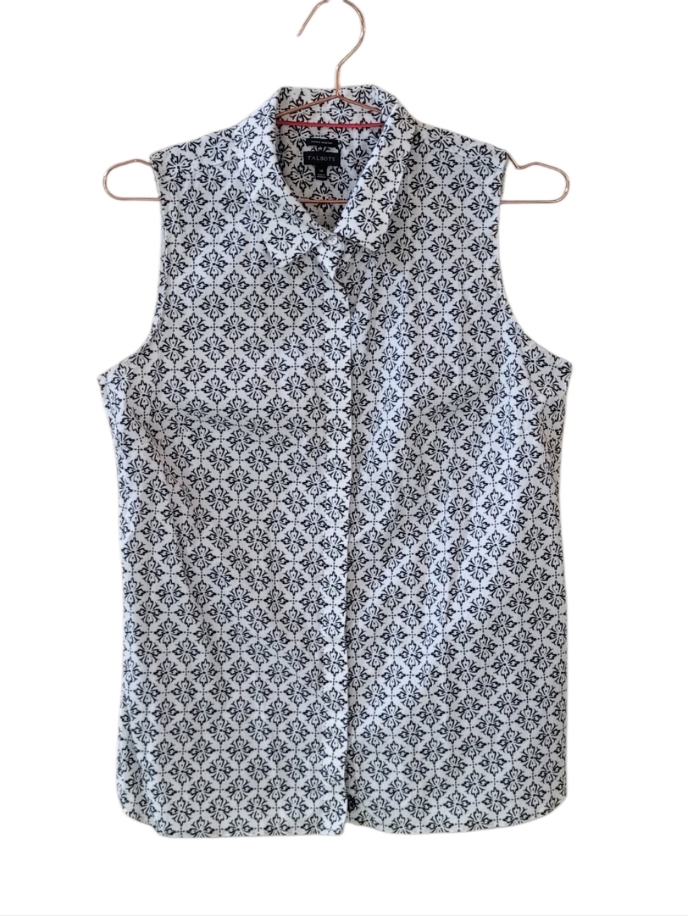 TALBOTS Black White Patterned Wrinkle Resistant Sleeveless Button Front Top 14
